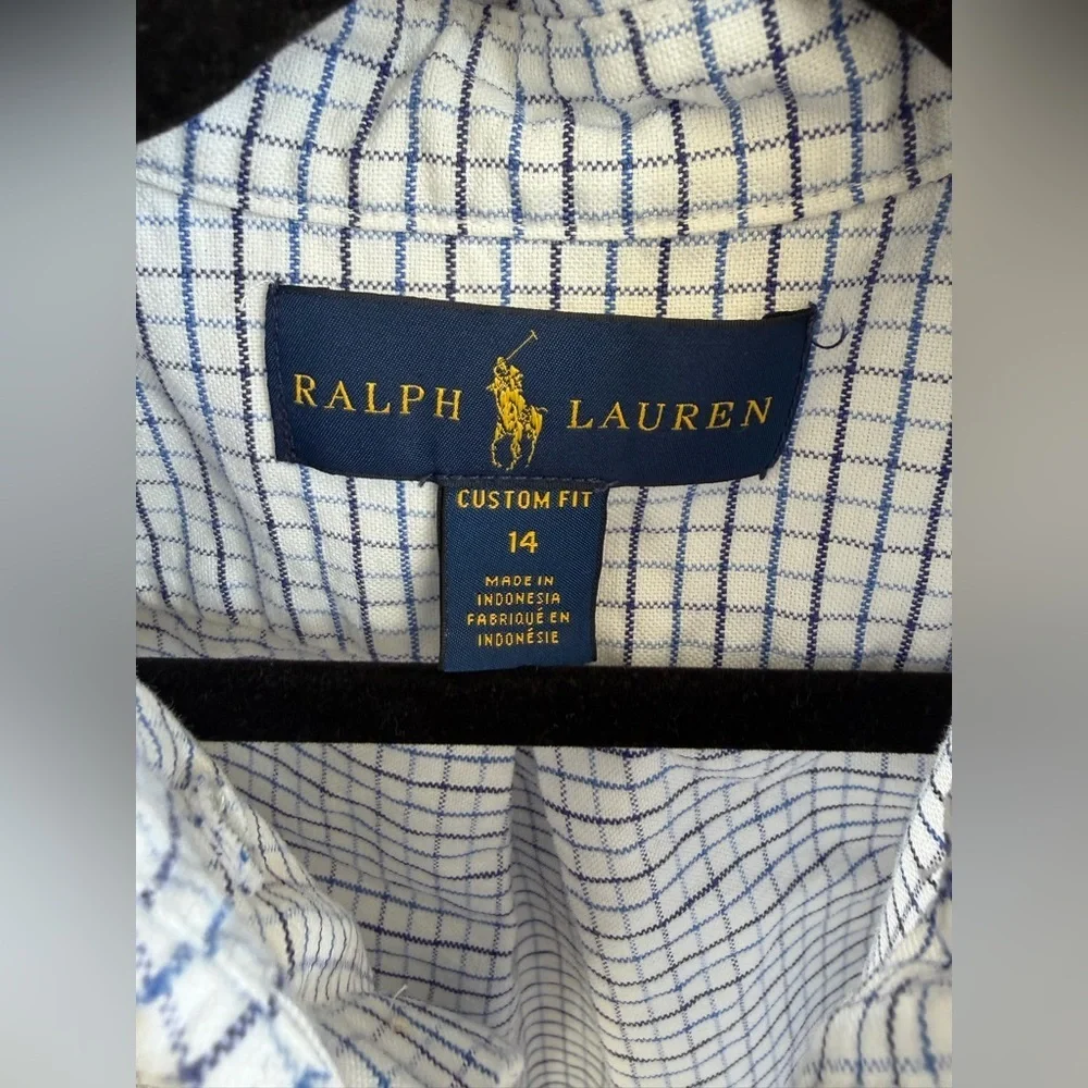 Ralph Lauren |  White and Blue Checkered Button Down Cotton Shirt | 14